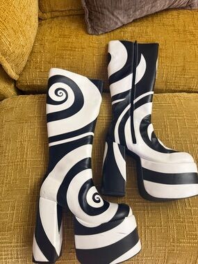 Black & White Swirl Platform Knee-High Boots - Women